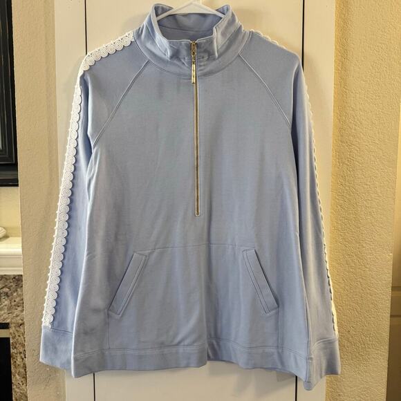 LILLY PULITZER Women’s Skipper Popover Size Medium Peek-A-Boo Lace Sleeve Blue - Picture 2 of 6